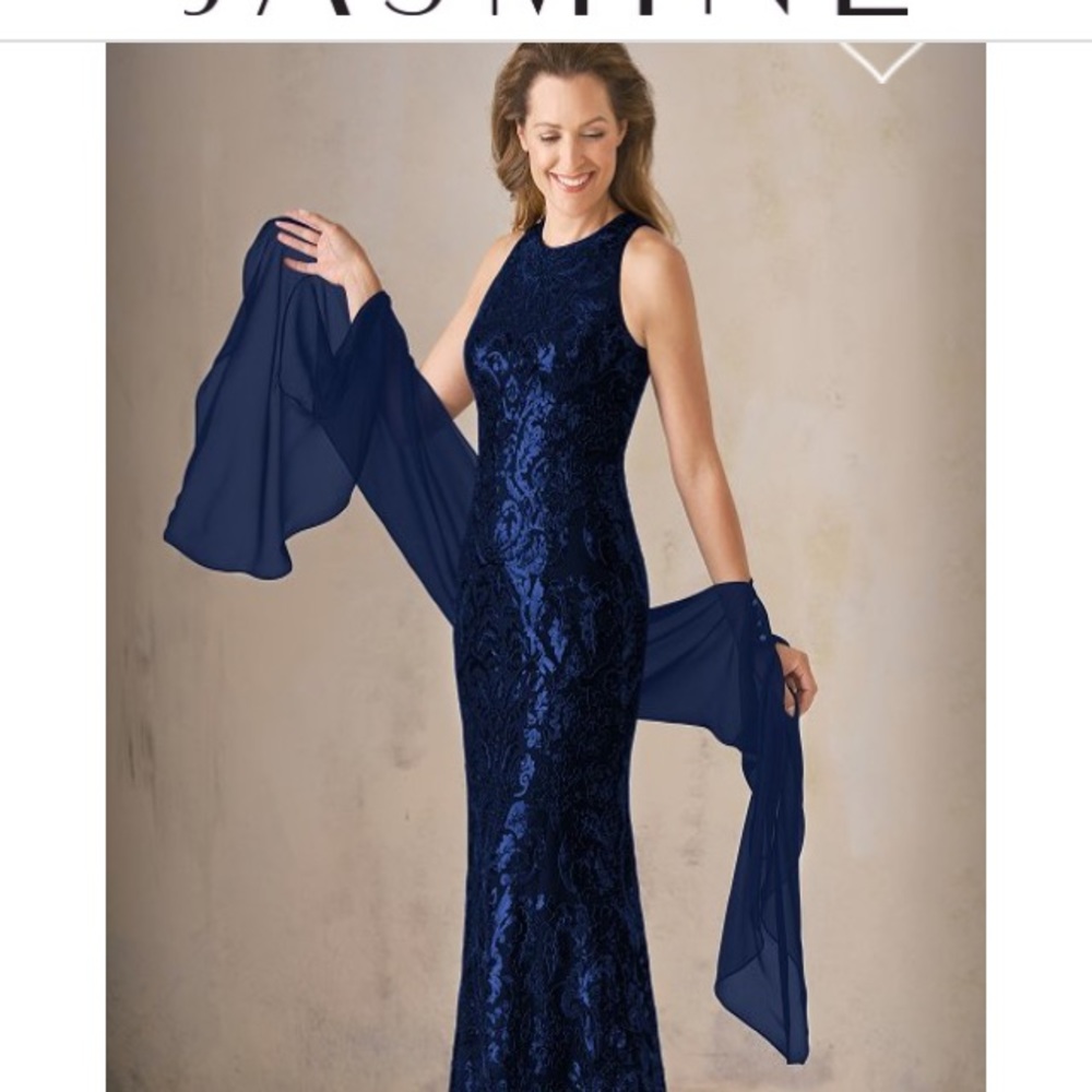 Jade Couture Navy Beaded MOB gown with shawl